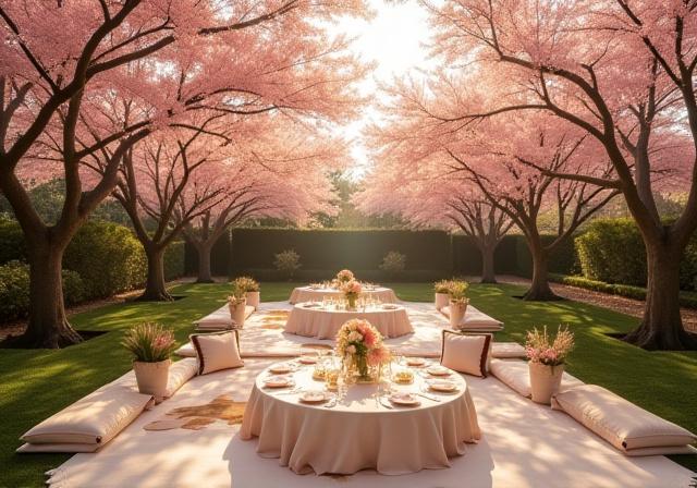 屋外でのスタイリッシュな花見パーティーの設営