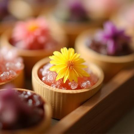 日本の伝統的な食用花（桜と菊）のディスプレイ